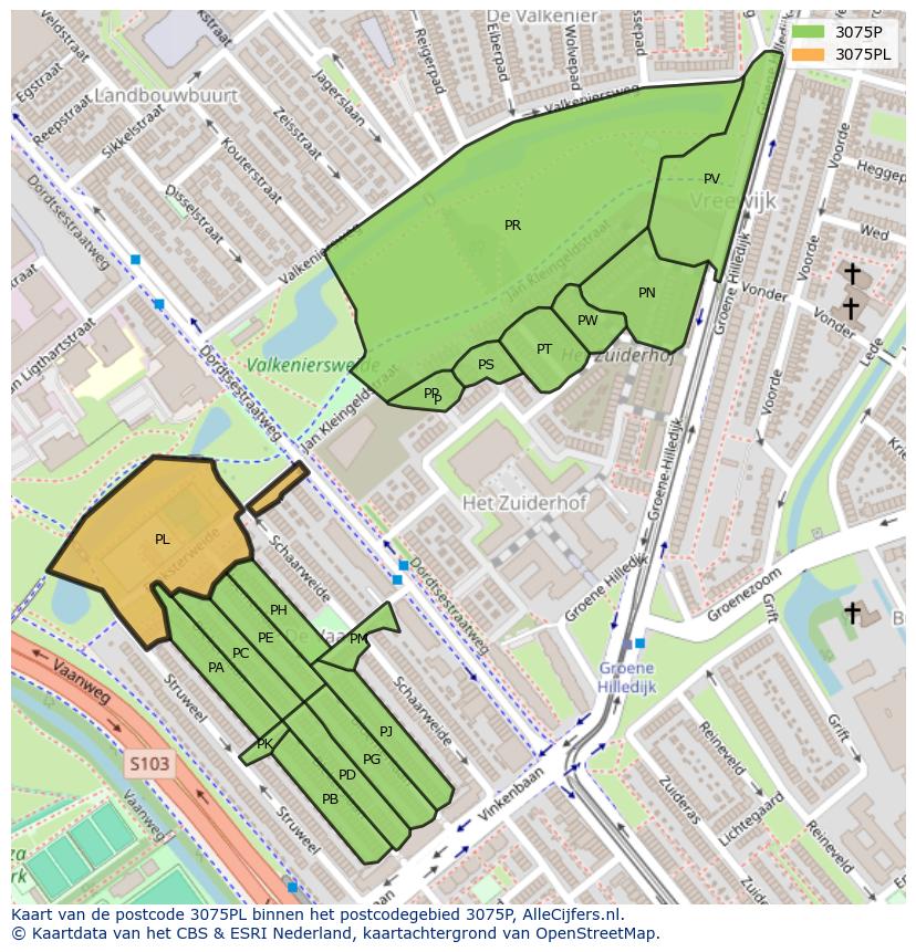 Afbeelding van het postcodegebied 3075 PL op de kaart.