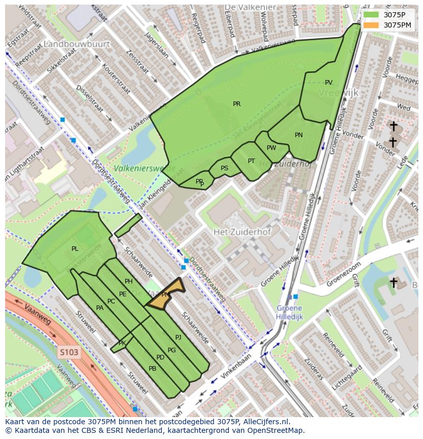 Afbeelding van het postcodegebied 3075 PM op de kaart.