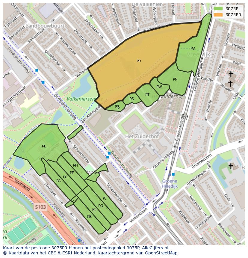 Afbeelding van het postcodegebied 3075 PR op de kaart.