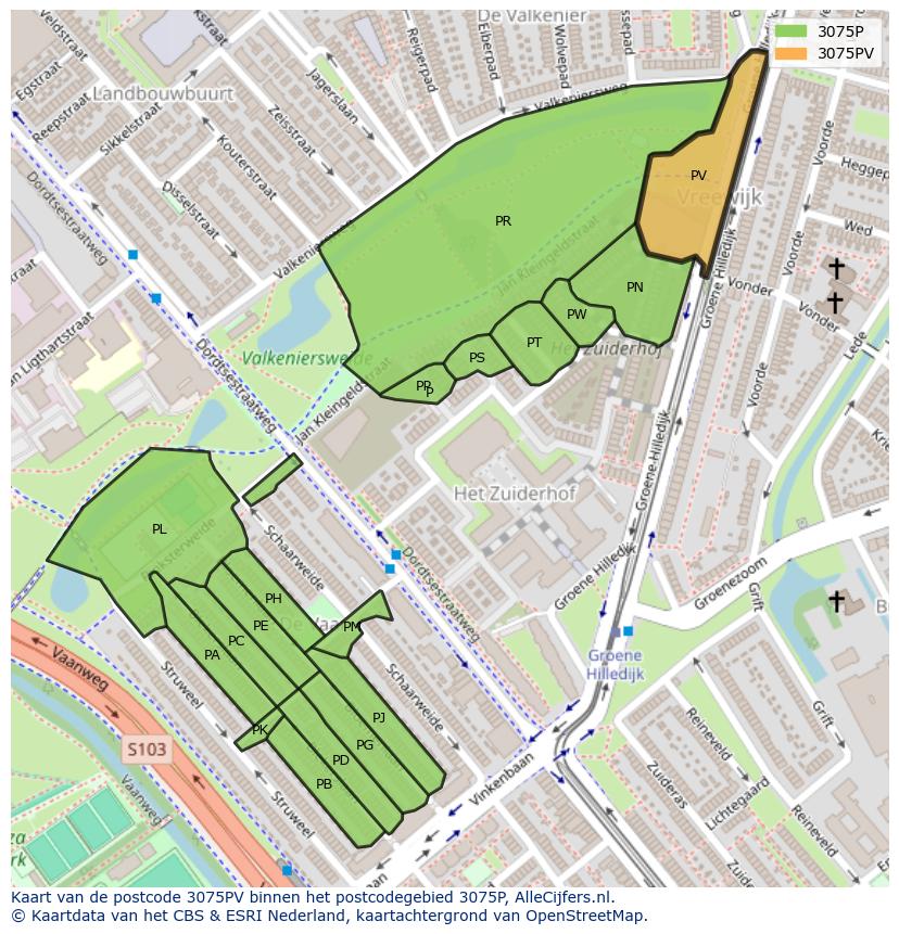 Afbeelding van het postcodegebied 3075 PV op de kaart.