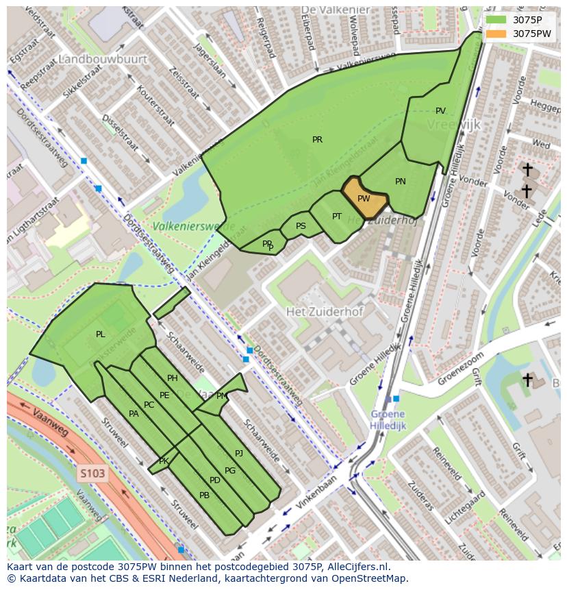 Afbeelding van het postcodegebied 3075 PW op de kaart.