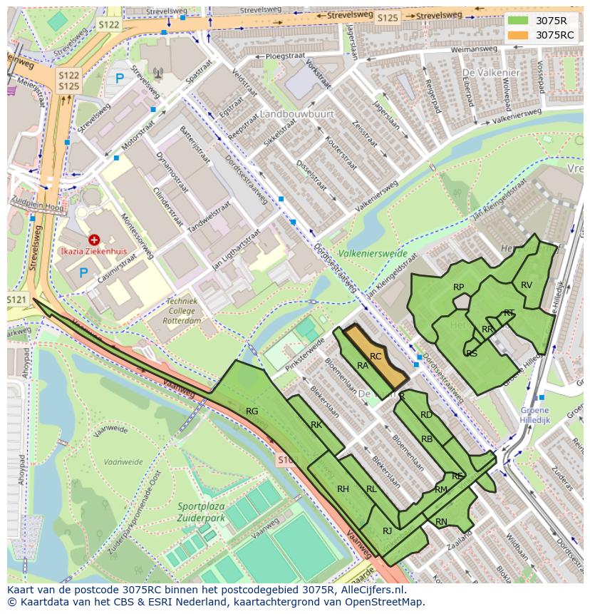 Afbeelding van het postcodegebied 3075 RC op de kaart.