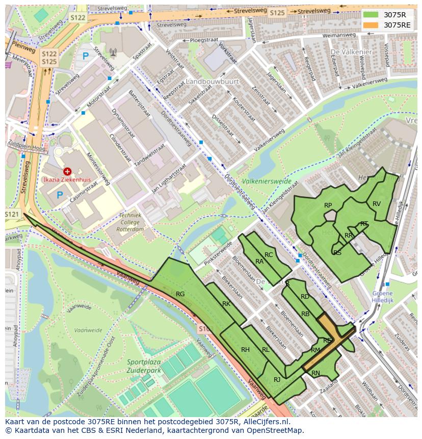 Afbeelding van het postcodegebied 3075 RE op de kaart.
