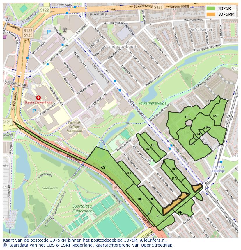 Afbeelding van het postcodegebied 3075 RM op de kaart.