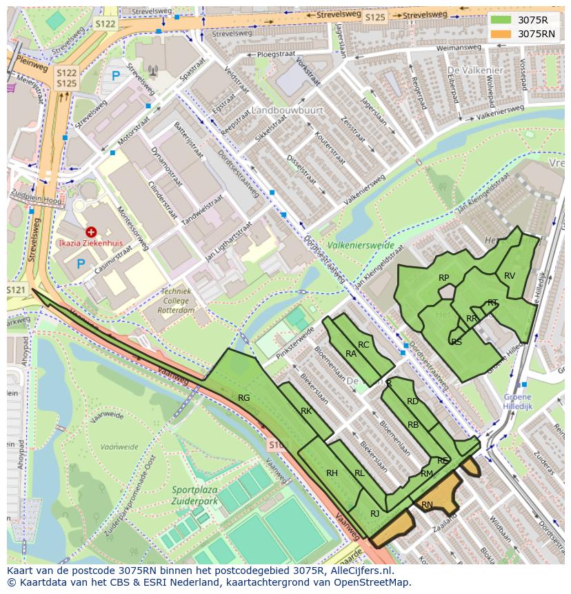 Afbeelding van het postcodegebied 3075 RN op de kaart.