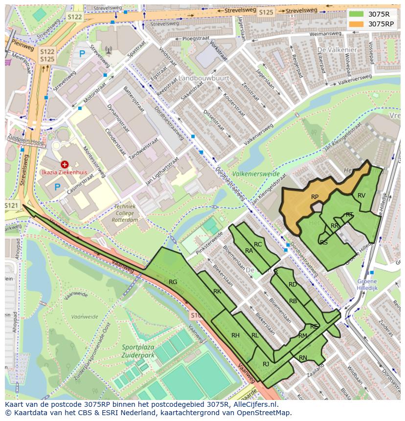 Afbeelding van het postcodegebied 3075 RP op de kaart.