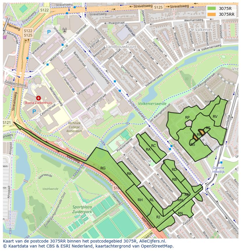 Afbeelding van het postcodegebied 3075 RR op de kaart.