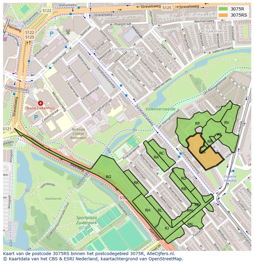 Afbeelding van het postcodegebied 3075 RS op de kaart.