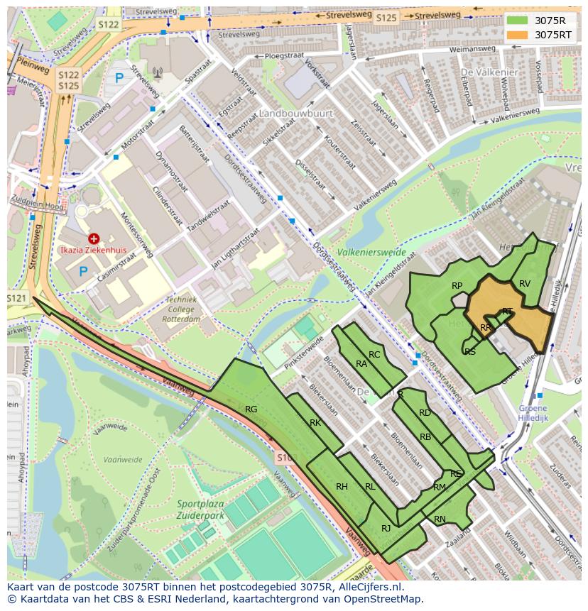 Afbeelding van het postcodegebied 3075 RT op de kaart.