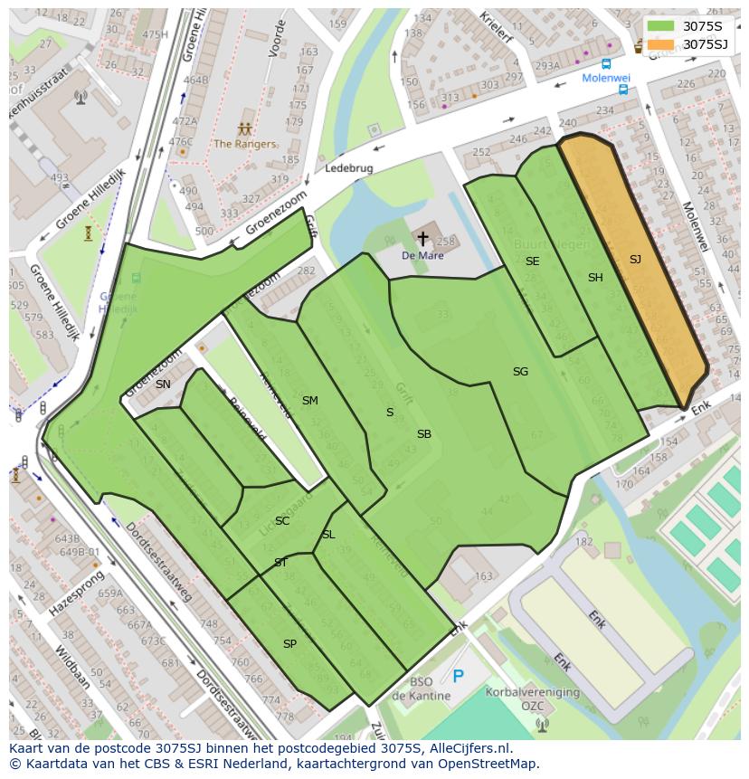 Afbeelding van het postcodegebied 3075 SJ op de kaart.