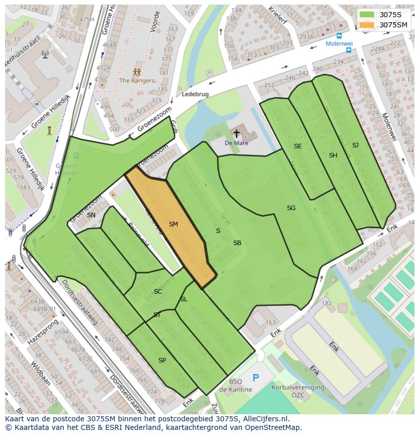 Afbeelding van het postcodegebied 3075 SM op de kaart.