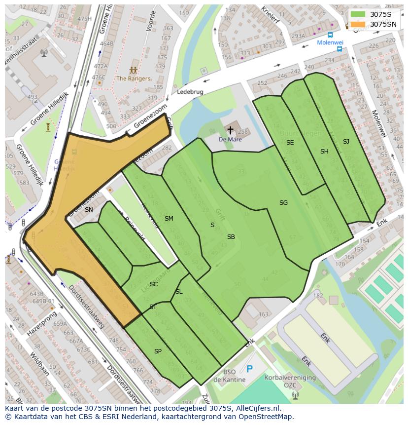 Afbeelding van het postcodegebied 3075 SN op de kaart.