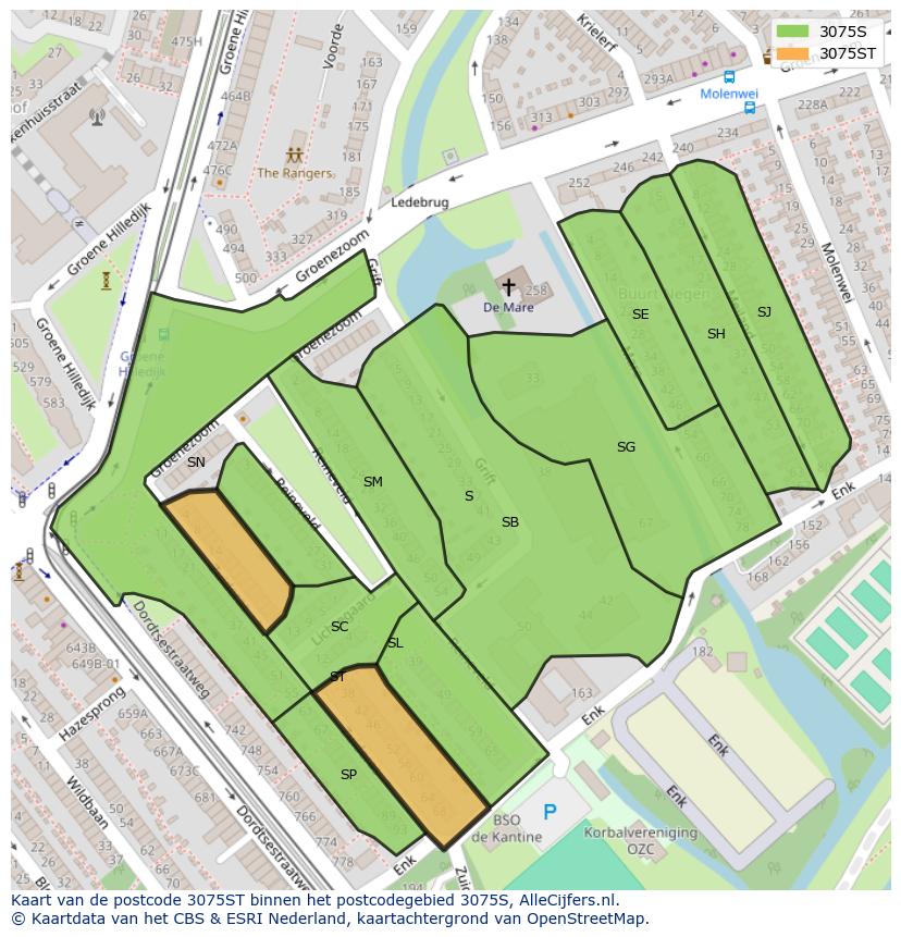 Afbeelding van het postcodegebied 3075 ST op de kaart.