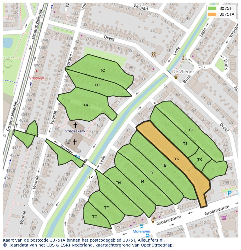 Afbeelding van het postcodegebied 3075 TA op de kaart.