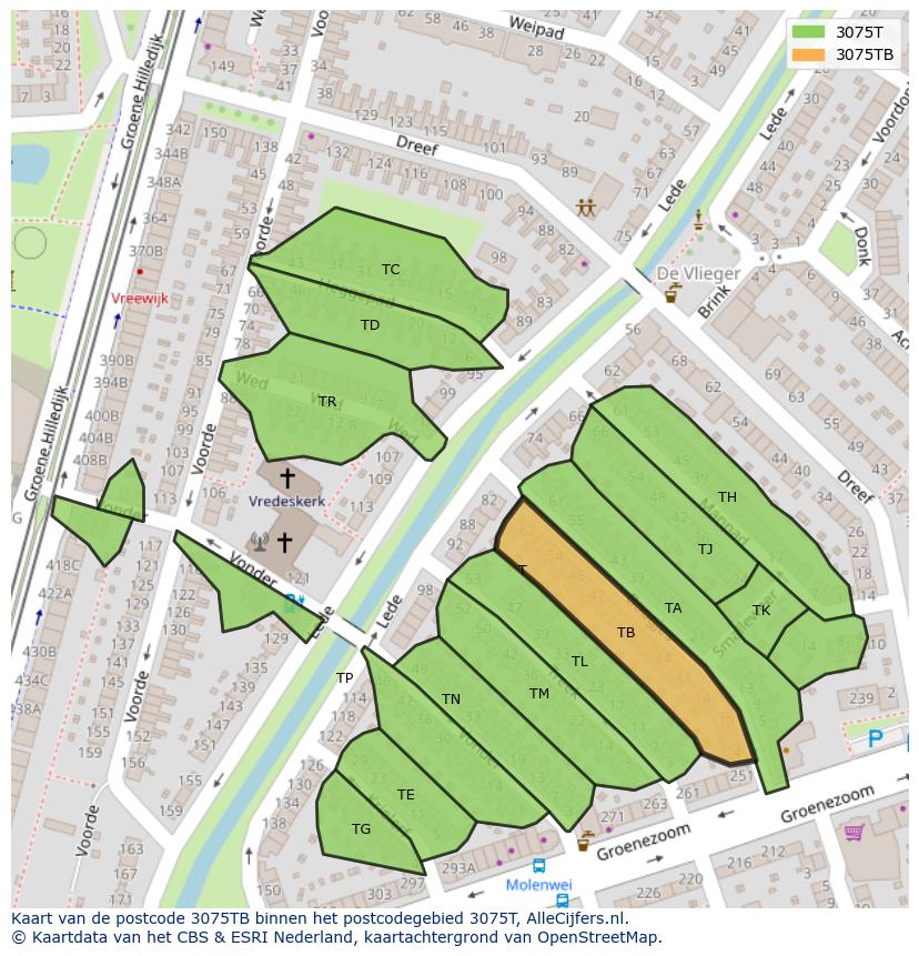 Afbeelding van het postcodegebied 3075 TB op de kaart.