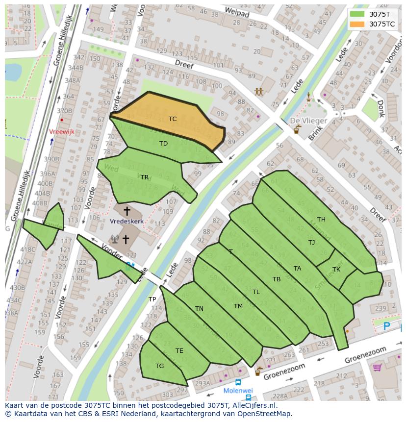 Afbeelding van het postcodegebied 3075 TC op de kaart.