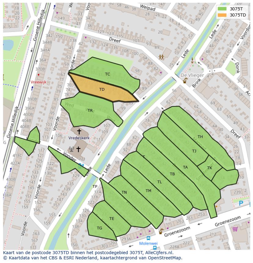 Afbeelding van het postcodegebied 3075 TD op de kaart.