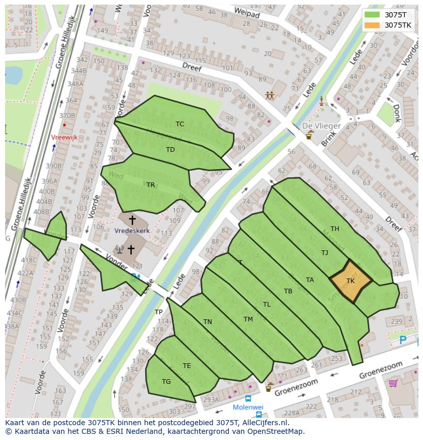 Afbeelding van het postcodegebied 3075 TK op de kaart.