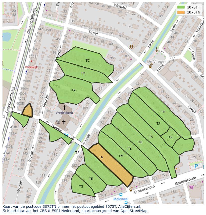 Afbeelding van het postcodegebied 3075 TN op de kaart.