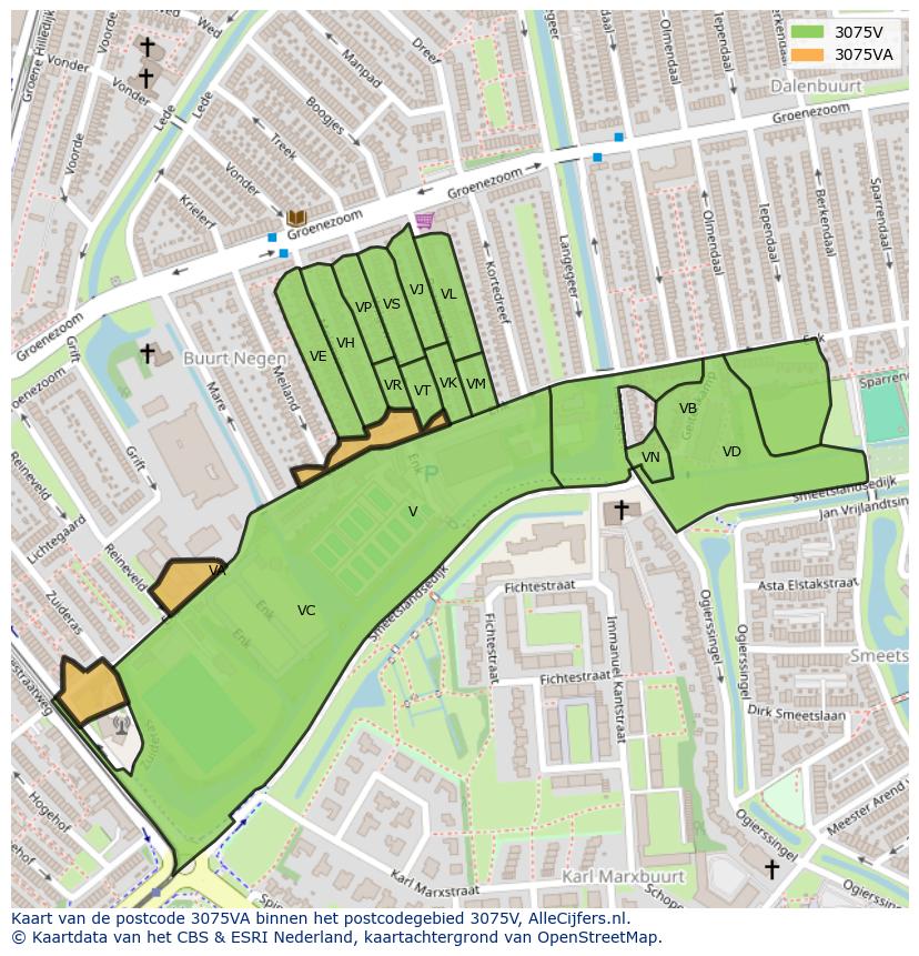 Afbeelding van het postcodegebied 3075 VA op de kaart.