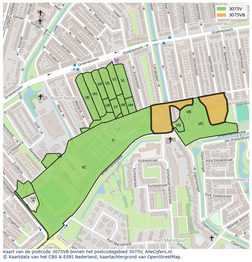 Afbeelding van het postcodegebied 3075 VB op de kaart.