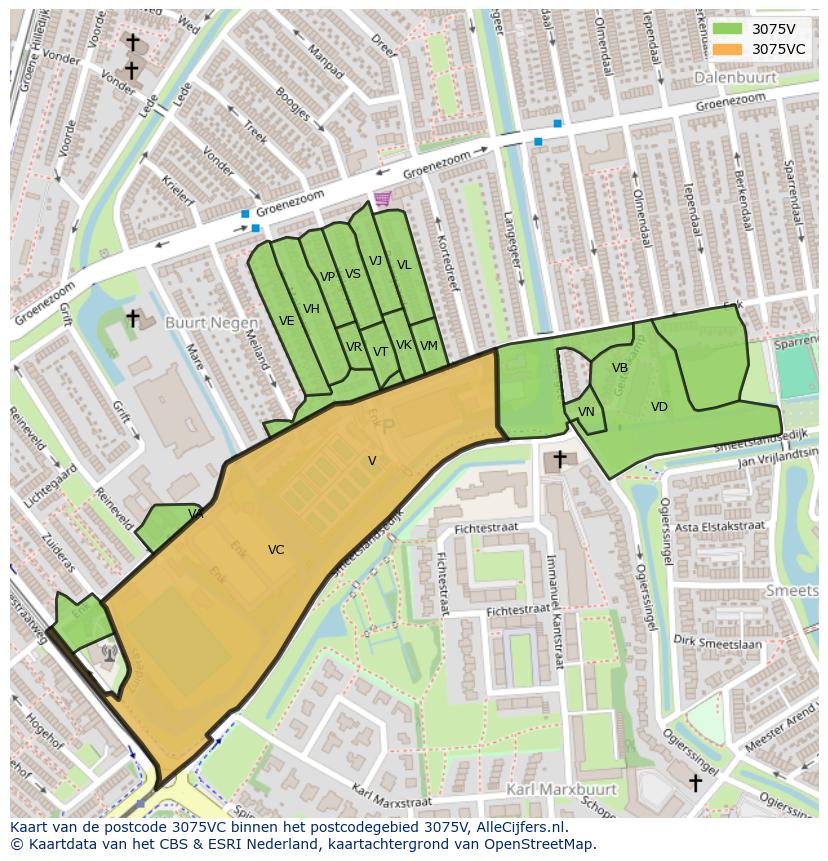 Afbeelding van het postcodegebied 3075 VC op de kaart.