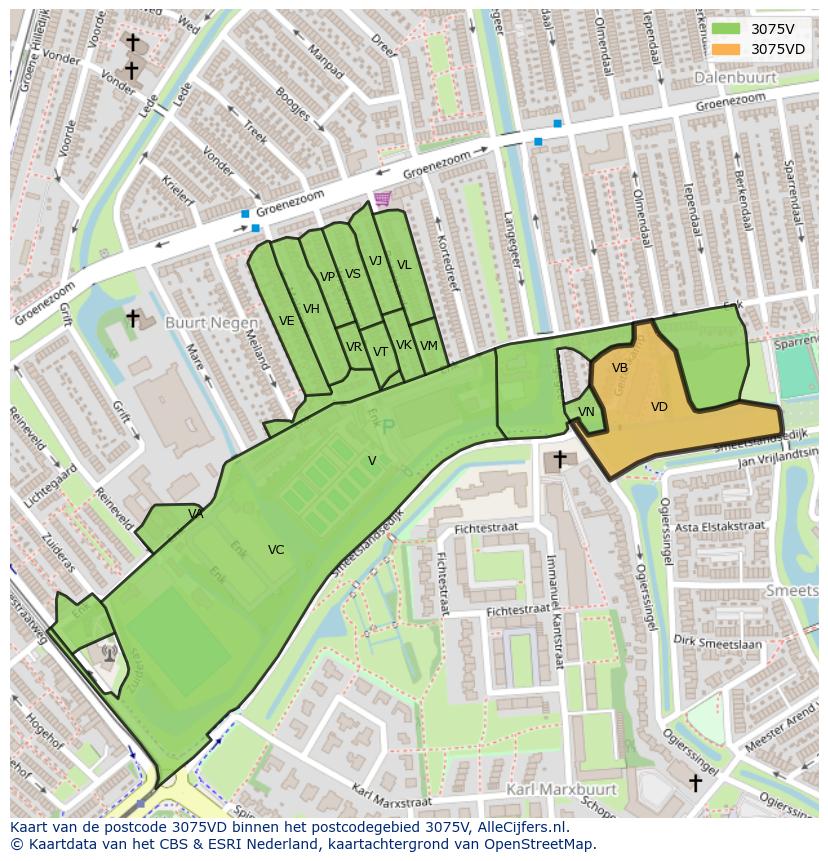 Afbeelding van het postcodegebied 3075 VD op de kaart.