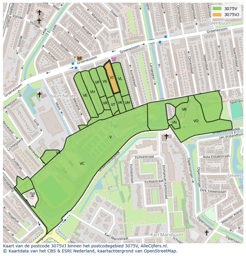 Afbeelding van het postcodegebied 3075 VJ op de kaart.