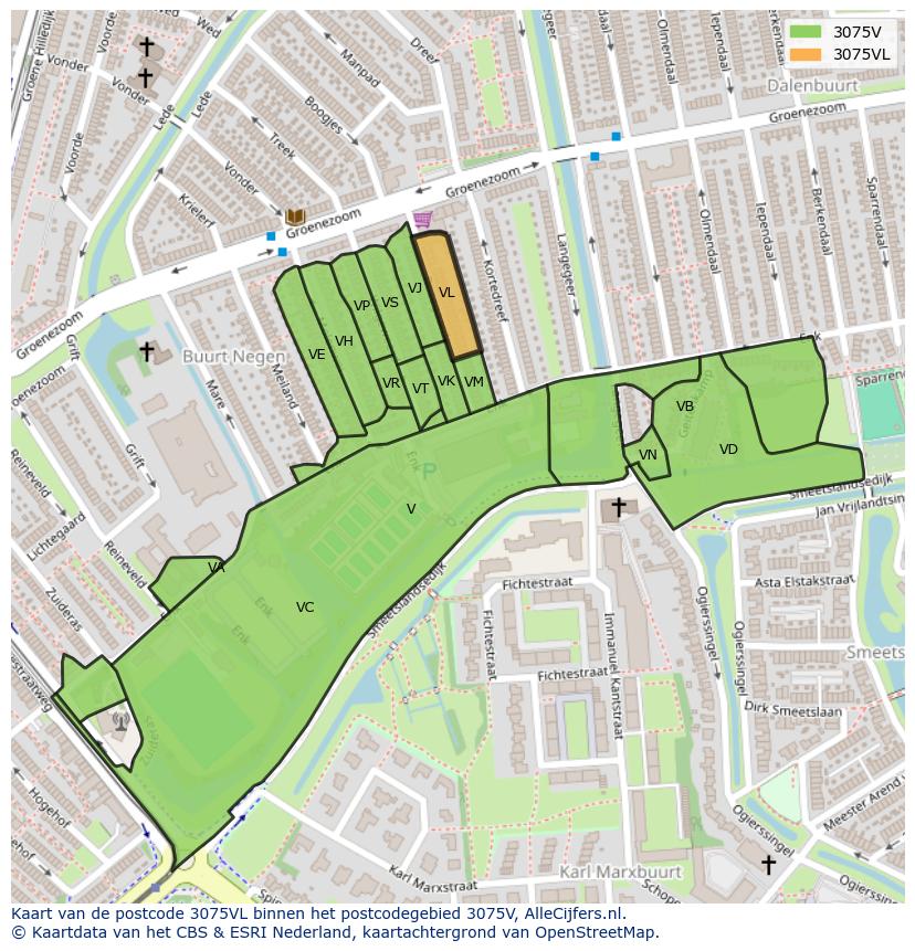 Afbeelding van het postcodegebied 3075 VL op de kaart.