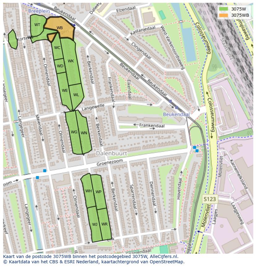 Afbeelding van het postcodegebied 3075 WB op de kaart.
