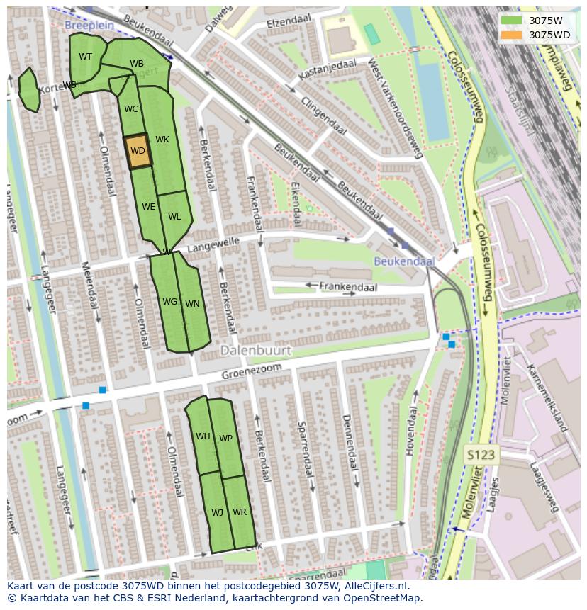 Afbeelding van het postcodegebied 3075 WD op de kaart.
