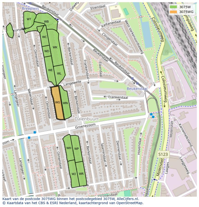 Afbeelding van het postcodegebied 3075 WG op de kaart.