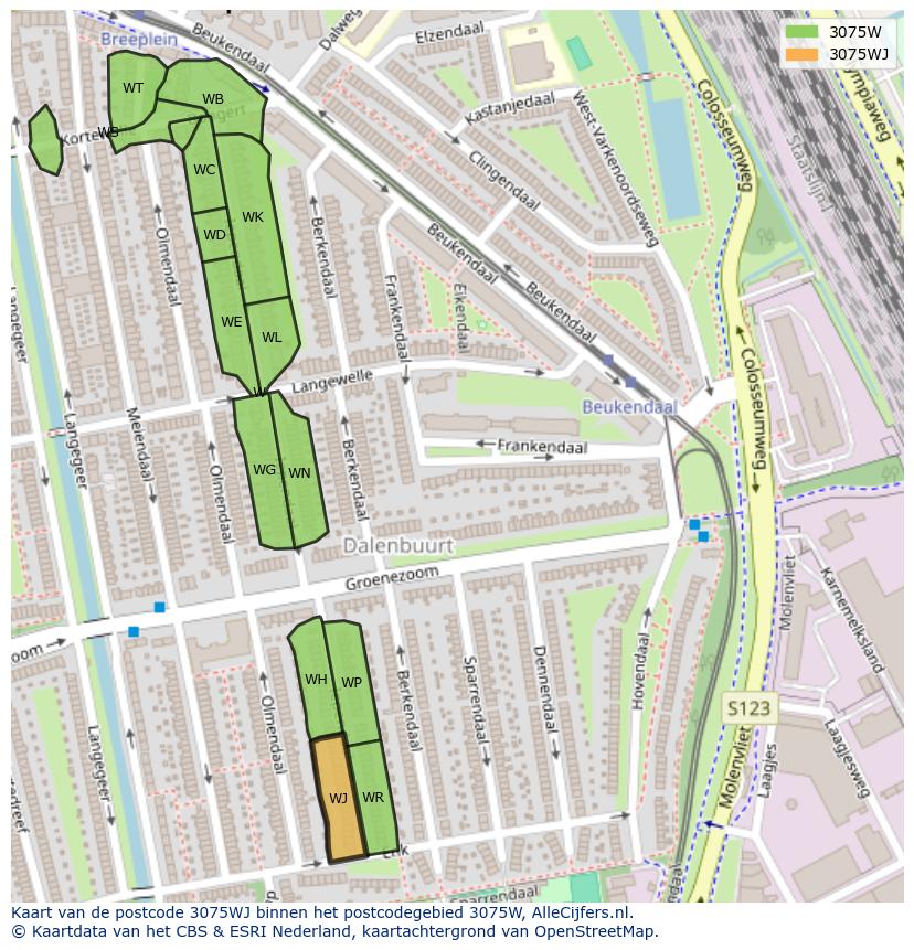 Afbeelding van het postcodegebied 3075 WJ op de kaart.