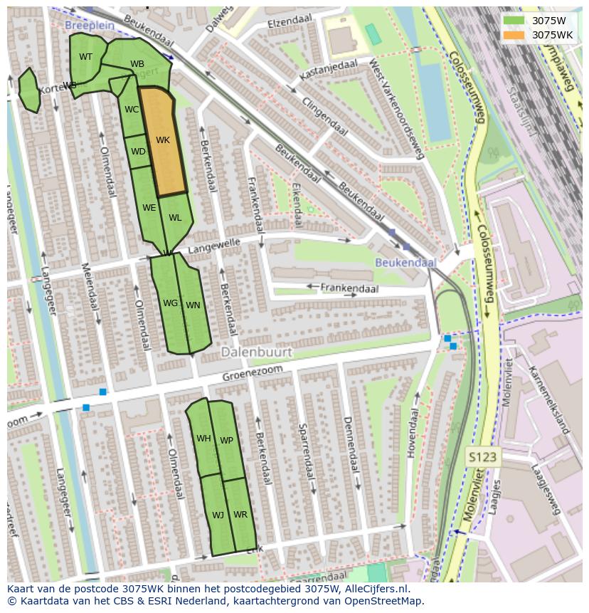 Afbeelding van het postcodegebied 3075 WK op de kaart.