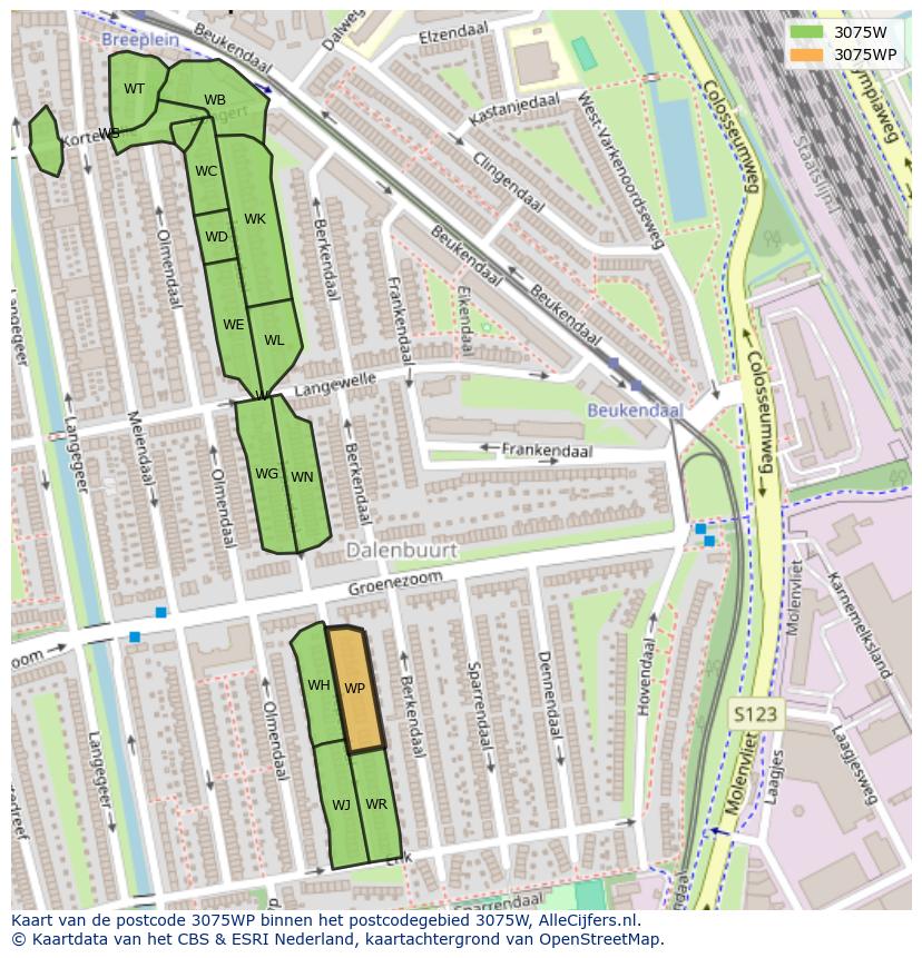 Afbeelding van het postcodegebied 3075 WP op de kaart.