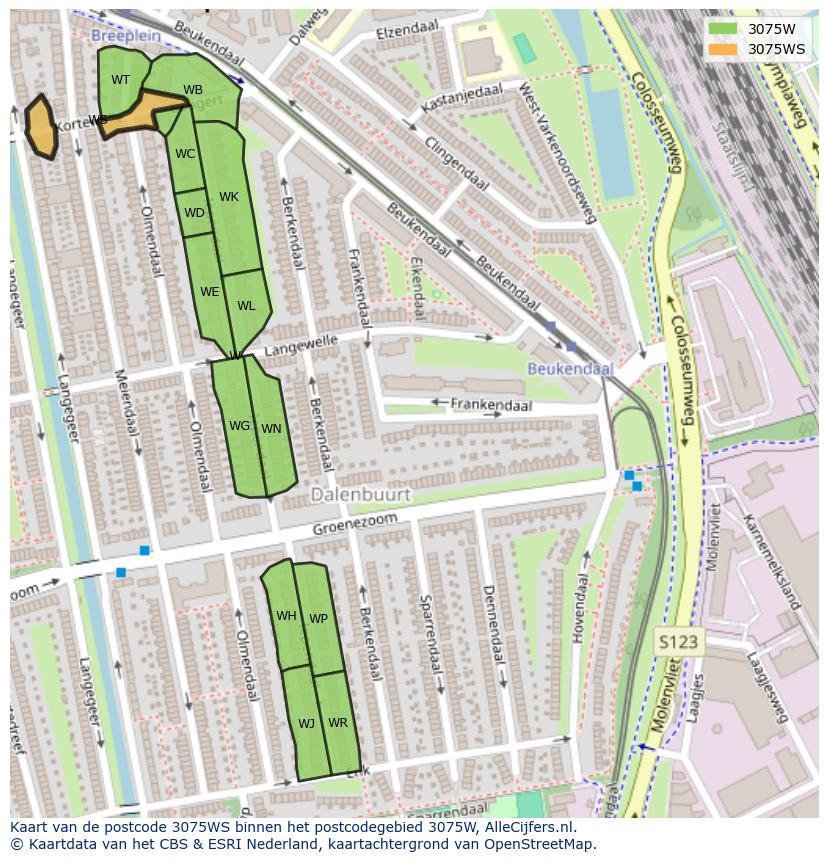 Afbeelding van het postcodegebied 3075 WS op de kaart.