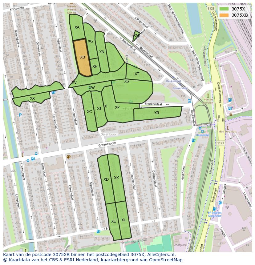 Afbeelding van het postcodegebied 3075 XB op de kaart.