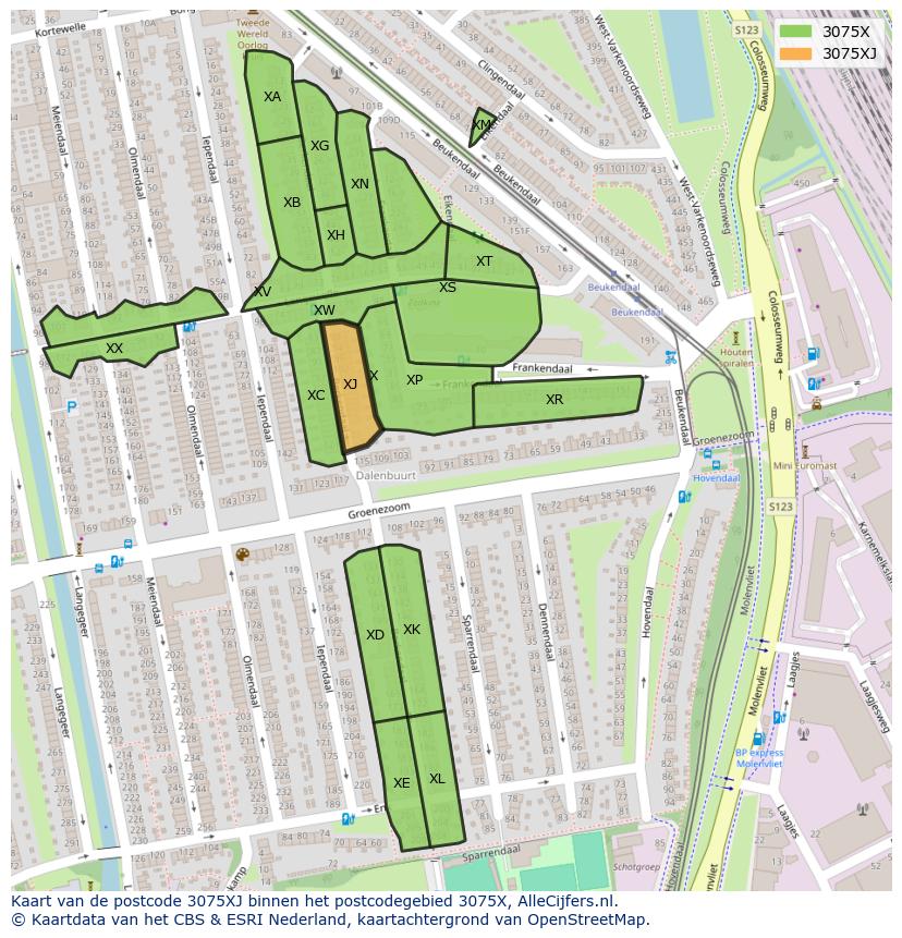 Afbeelding van het postcodegebied 3075 XJ op de kaart.