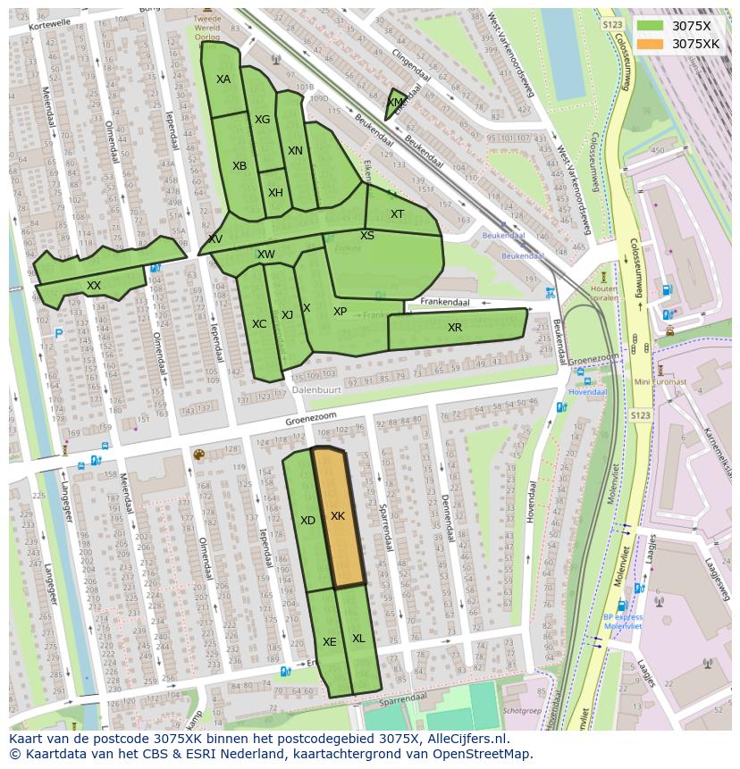 Afbeelding van het postcodegebied 3075 XK op de kaart.