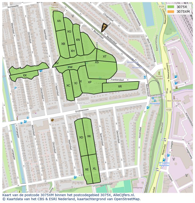 Afbeelding van het postcodegebied 3075 XM op de kaart.