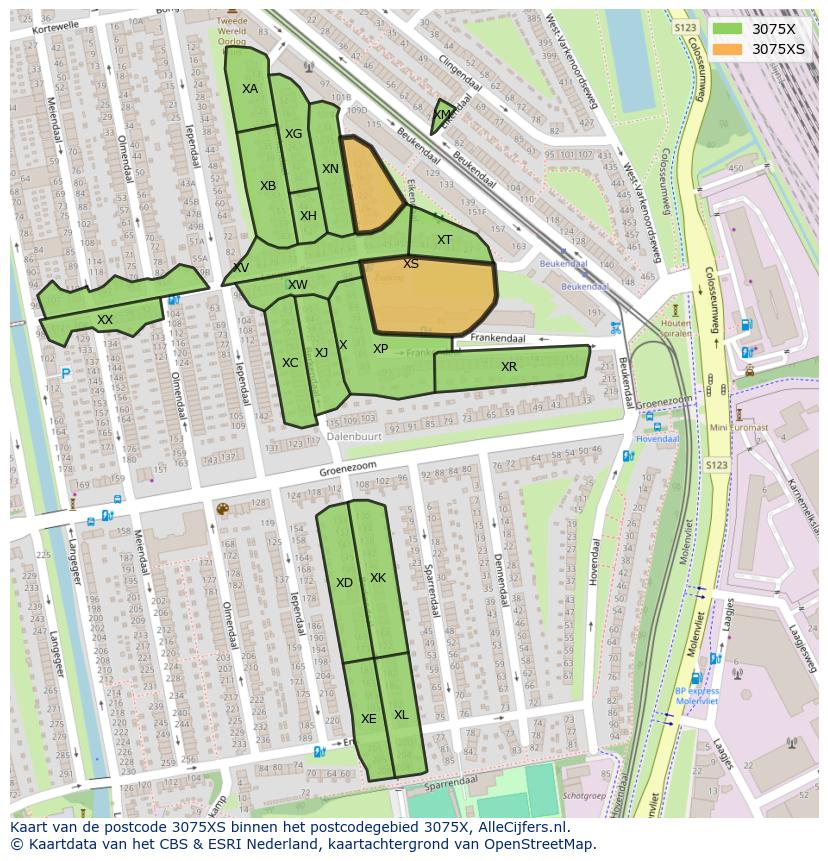 Afbeelding van het postcodegebied 3075 XS op de kaart.