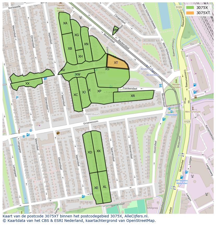 Afbeelding van het postcodegebied 3075 XT op de kaart.