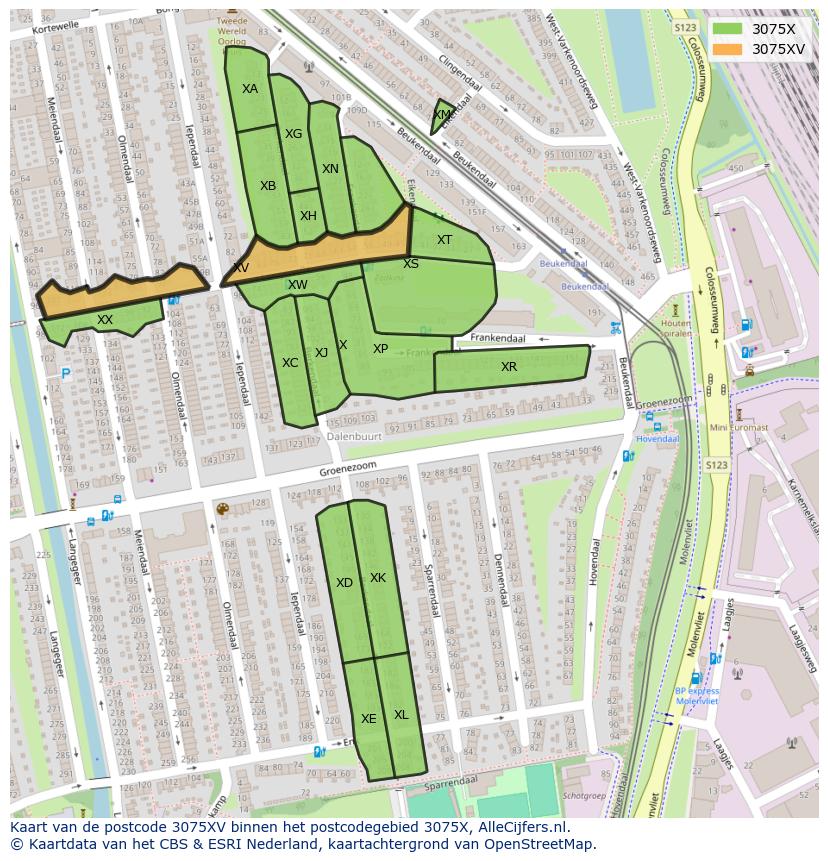 Afbeelding van het postcodegebied 3075 XV op de kaart.