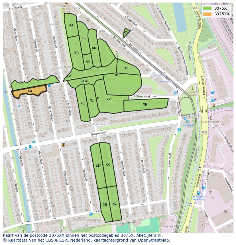 Afbeelding van het postcodegebied 3075 XX op de kaart.