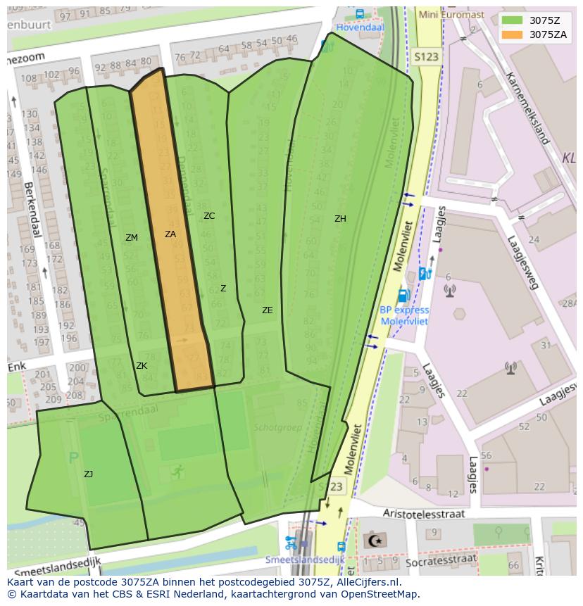 Afbeelding van het postcodegebied 3075 ZA op de kaart.