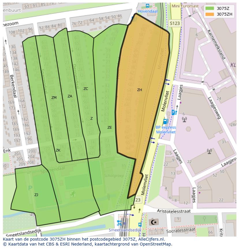 Afbeelding van het postcodegebied 3075 ZH op de kaart.