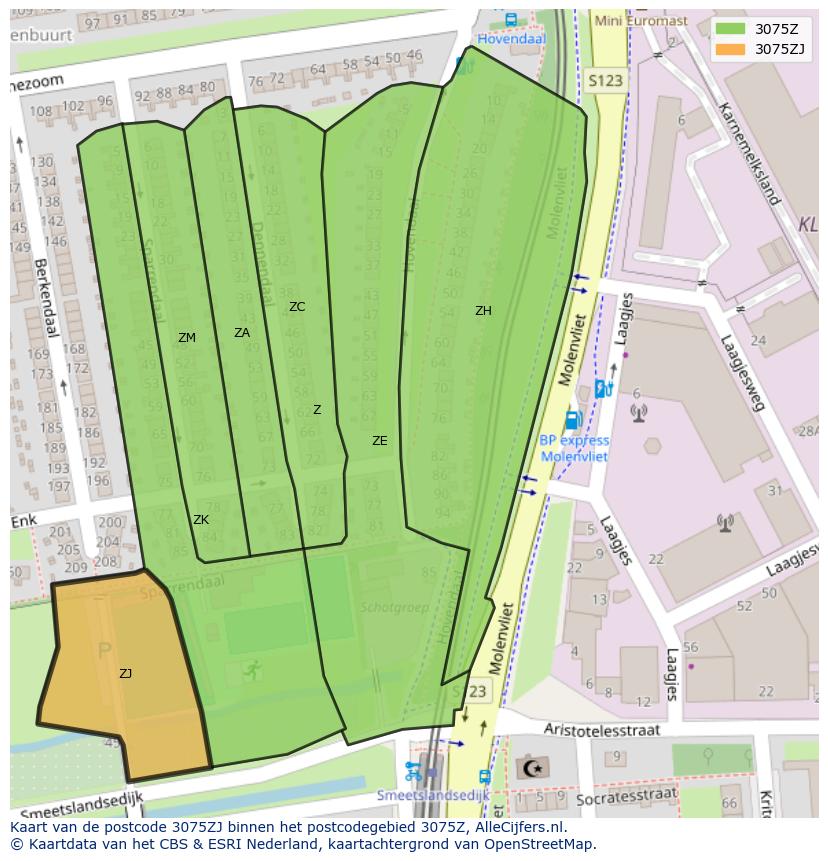 Afbeelding van het postcodegebied 3075 ZJ op de kaart.