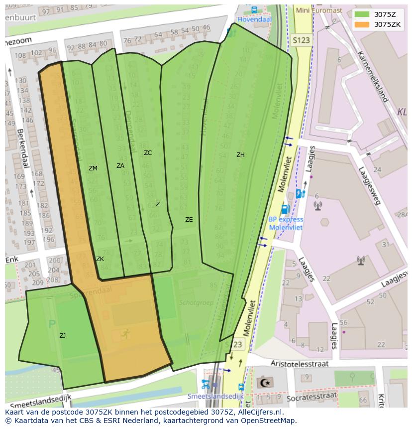 Afbeelding van het postcodegebied 3075 ZK op de kaart.