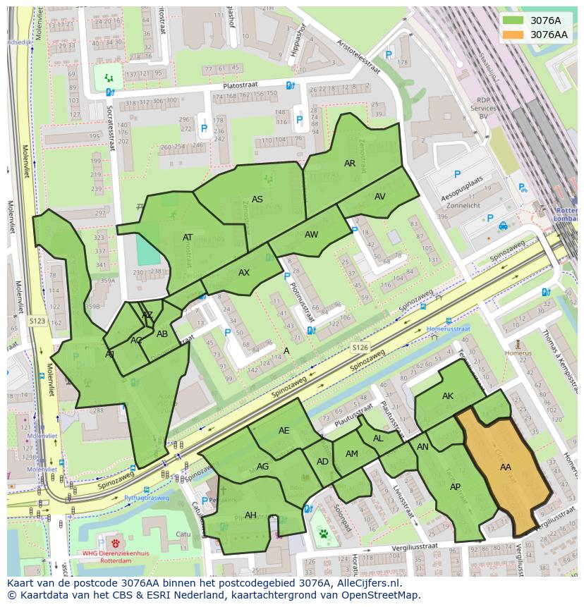 Afbeelding van het postcodegebied 3076 AA op de kaart.