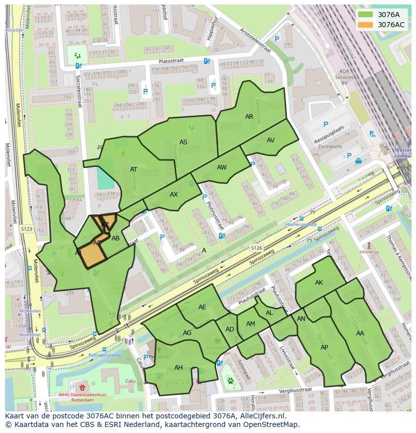 Afbeelding van het postcodegebied 3076 AC op de kaart.